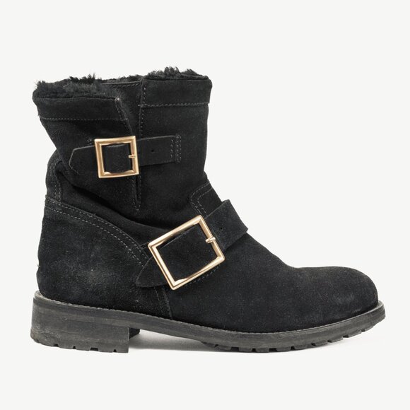 Jimmy Choo Youth Black Suede Buckled Moto Ankle Boots - Picture 1 of 10